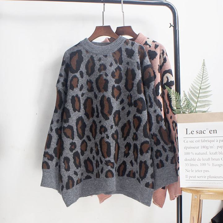 2024 Wholesale Winter Casual Knitted Leopard Pattern Back Hollow Out Sweater Pullover Women Clothing For Lady China Supplier B2B