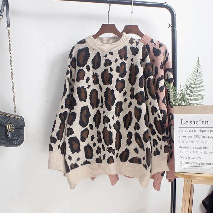 2024 Wholesale Winter Casual Knitted Leopard Pattern Back Hollow Out Sweater Pullover Women Clothing For Lady China Supplier B2B