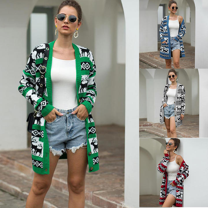2024 Winter Reindeer 100% Acrylic Jacquard Christmas Holiday Sweater Long Knitted Cardigan Women Cardigan Wholesale B2B Pricing Pricing
