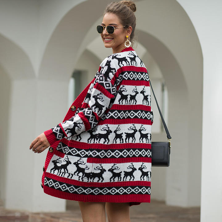2024 Winter Reindeer 100% Acrylic Jacquard Christmas Holiday Sweater Long Knitted Cardigan Women Cardigan Wholesale B2B Pricing Pricing