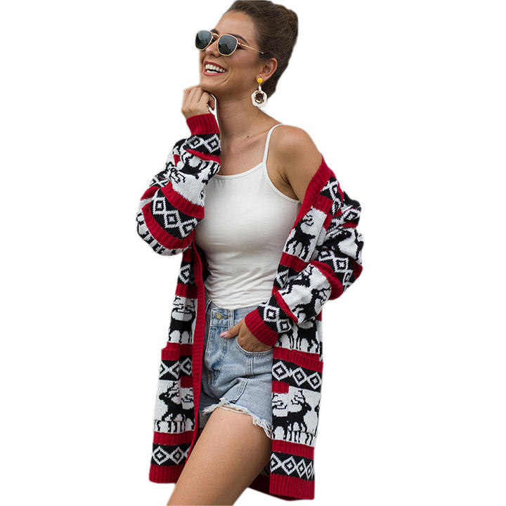 2024 Winter Reindeer 100% Acrylic Jacquard Christmas Holiday Sweater Long Knitted Cardigan Women Cardigan Wholesale B2B Pricing Pricing
