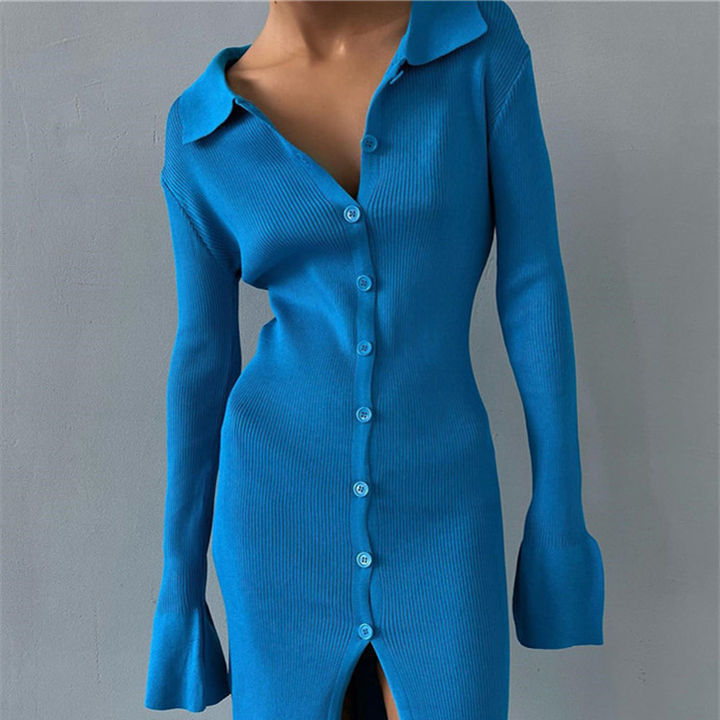 2024 Women Split Lapel Button-Down Long Sleeve Sweater Mid-Length Solid Single-Breasted Knit Dress