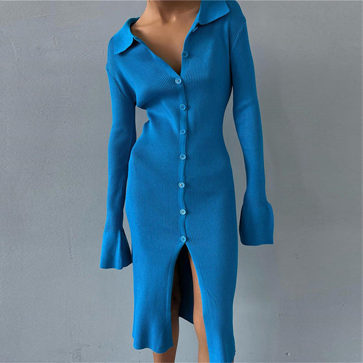 2024 Women Split Lapel Button-Down Long Sleeve Sweater Mid-Length Solid Single-Breasted Knit Dress