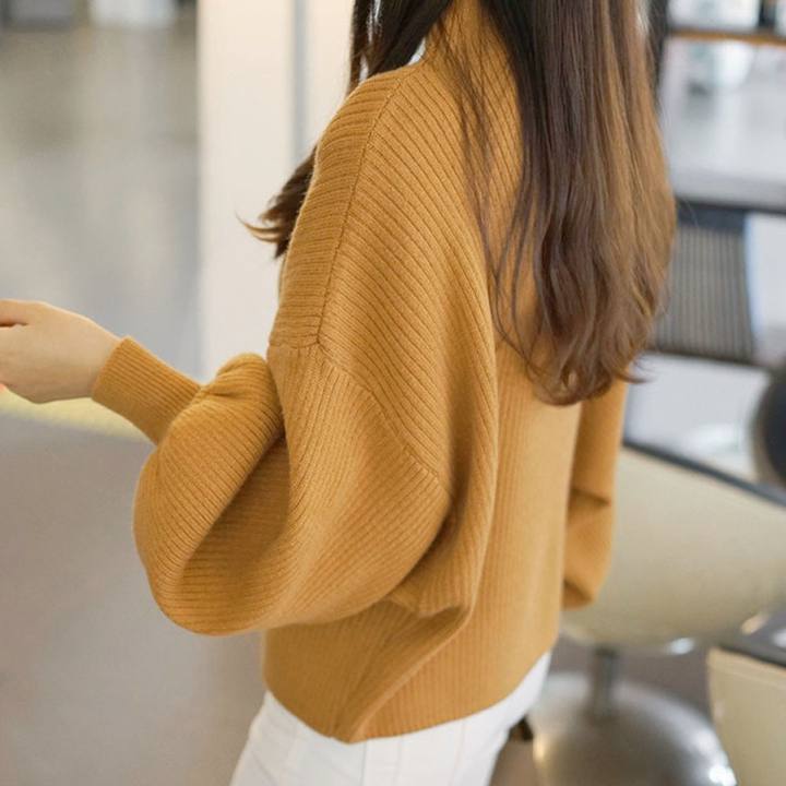 Autumn Winter New Half-Turtleneck Knitting Sweater Women Loose Versatile Lantern Sleeve Knitwear For Lady