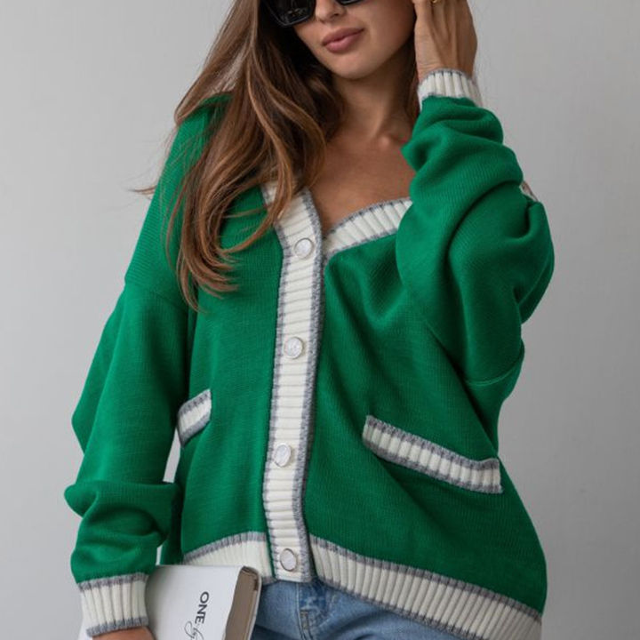 Casual Contrasting Panels Loose Sweater Cardigan Women's Single-Breasted Knit Sweater Clothing Wear Custom Manufacturing B2B