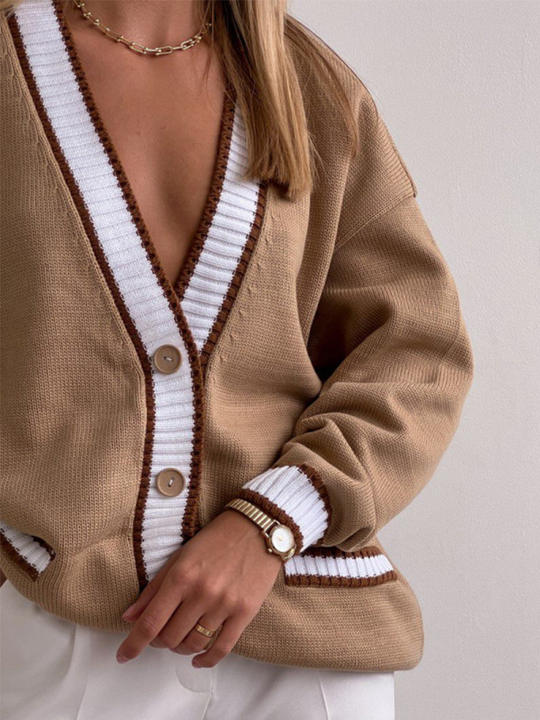 Casual Contrasting Panels Loose Sweater Cardigan Women's Single-Breasted Knit Sweater Clothing Wear Custom Manufacturing B2B