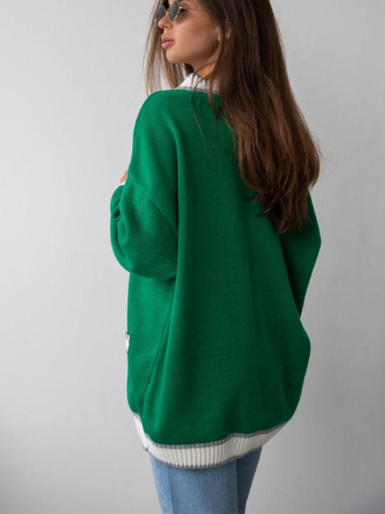 Casual Contrasting Panels Loose Sweater Cardigan Women's Single-Breasted Knit Sweater Clothing Wear Custom Manufacturing B2B