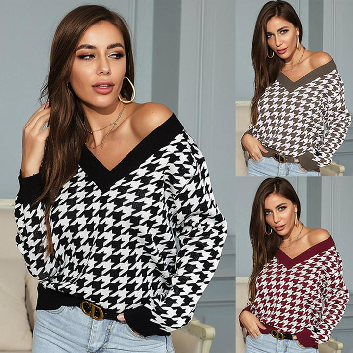 Casual Design Women Long-Sleeved Bird Pattern Checkered Jacquard V-Neck Base Knit Sweater Pullover ODM Manufacturing