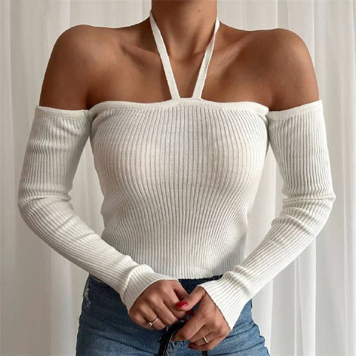 Casual Long Sleeves Halter Neck Tight Sweater Lady Off-The-Shoulder Sexy Knit Undershirt Top Women Clothing Export Wholesale Distributor