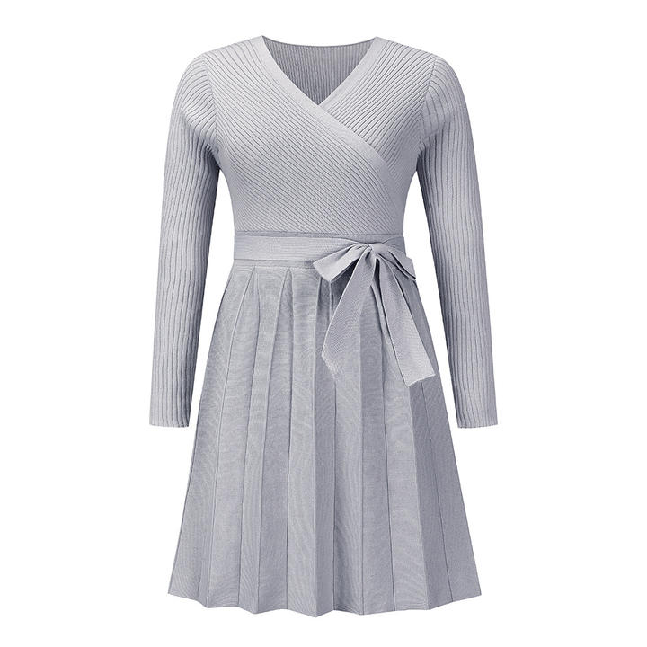 Casual Spring New Sweater Foreign Solid Streetwear Trade Sexy V-Neck Pleated Knitted A- Line Short Dress