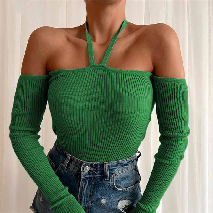 Casual Long Sleeves Halter Neck Tight Sweater Lady Off-The-Shoulder Sexy Knit Undershirt Top Women Clothing Export Wholesale Distributor