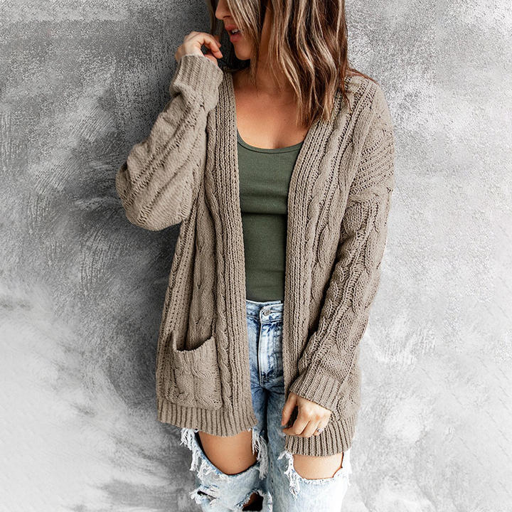 Casual Style New Solid Color Pocket Mid-Length Lady Twist Knit Cardigan Jacket Sweater Women Clothing Factory Direct Sales Export