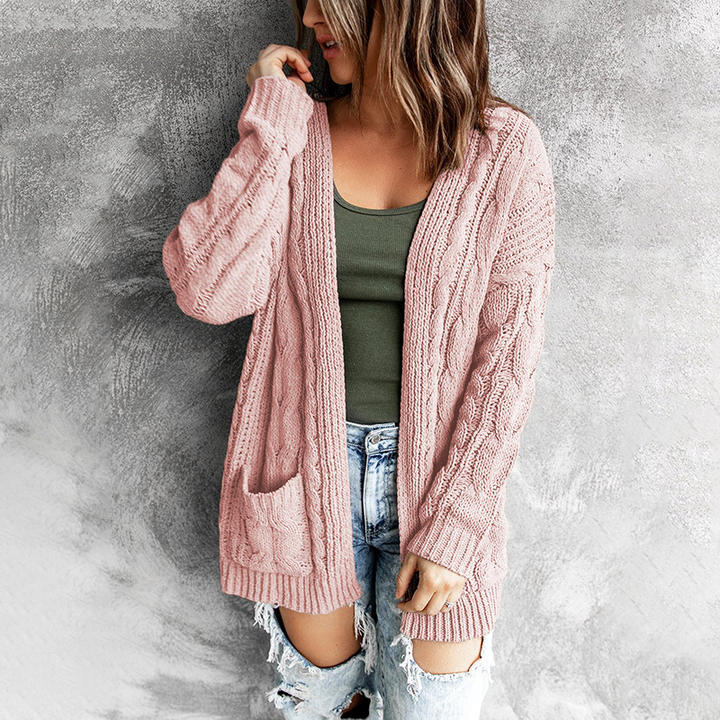 Casual Style New Solid Color Pocket Mid-Length Lady Twist Knit Cardigan Jacket Sweater Women Clothing Factory Direct Sales Export