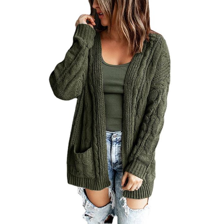 Casual Style New Solid Color Pocket Mid-Length Lady Twist Knit Cardigan Jacket Sweater Women Clothing Factory Direct Sales Export