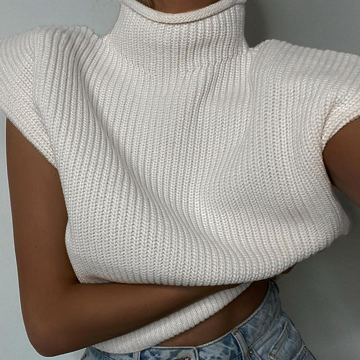 Casual Versatile Woman Solid Color Sexy Thin Turtleneck Short Sleeve Sweater Knitted Clothing