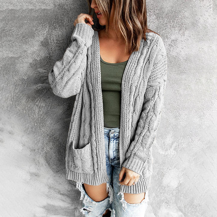 Casual Style New Solid Color Pocket Mid-Length Lady Twist Knit Cardigan Jacket Sweater Women Clothing Factory Direct Sales Export