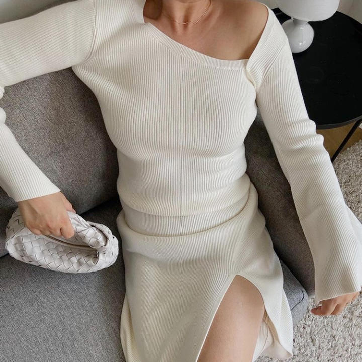 Casual Women New Ropa Slit Long Sleeves Solid Color Round Collar Top Sexy Sweater Lady Knitted Dress Wholesale Factory