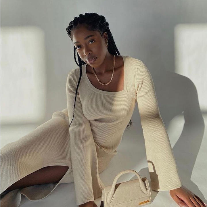Casual Women New Ropa Slit Long Sleeves Solid Color Round Collar Top Sexy Sweater Lady Knitted Dress Wholesale Factory
