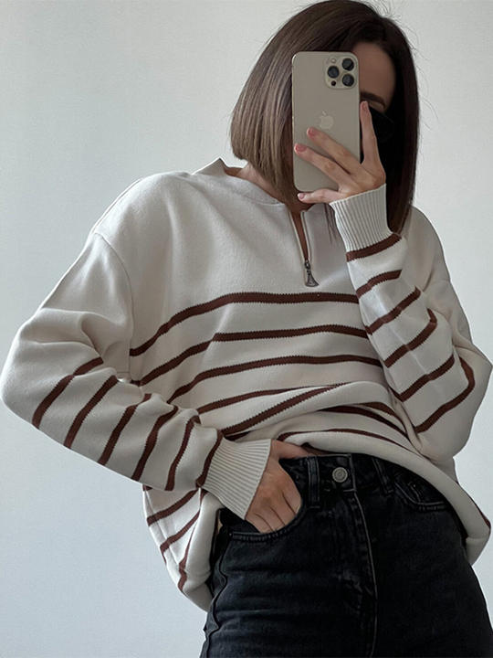 Casual Zipper Crewneck Women Loose Oversize Contrast Cross-Grain Long-Sleeved Sweater Pullover Clothing