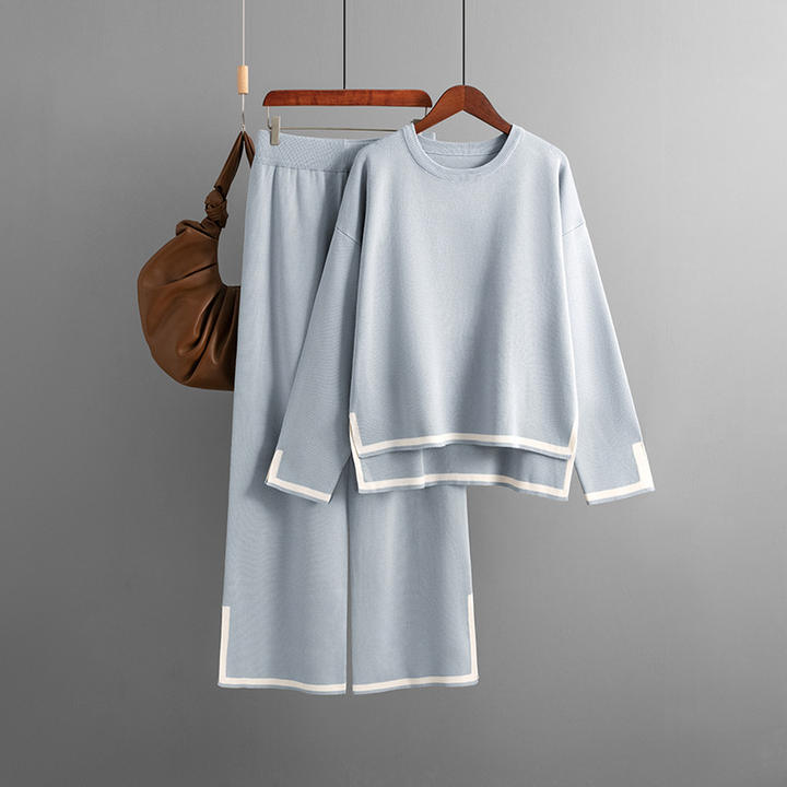Comfortable Solid Color 2 Pieces Women Long Contrast Pants Round Neck Split Knit Sweater Clothing Sets Export-Oriented Factory