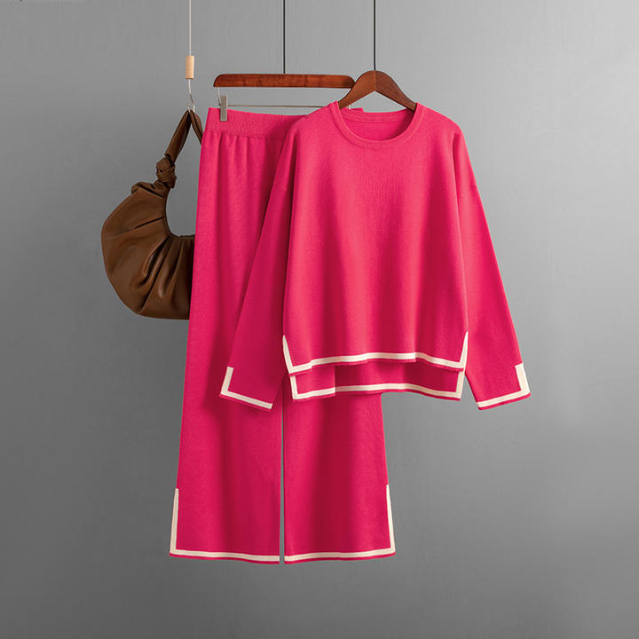 Comfortable Solid Color 2 Pieces Women Long Contrast Pants Round Neck Split Knit Sweater Clothing Sets Export-Oriented Factory