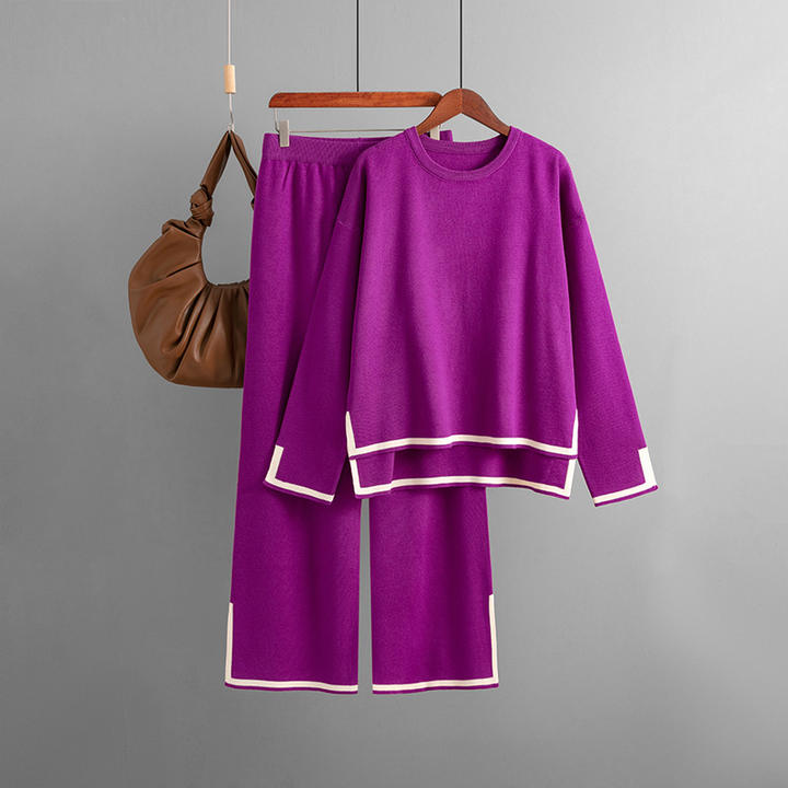 Comfortable Solid Color 2 Pieces Women Long Contrast Pants Round Neck Split Knit Sweater Clothing Sets Export-Oriented Factory