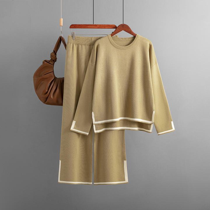Comfortable Solid Color 2 Pieces Women Long Contrast Pants Round Neck Split Knit Sweater Clothing Sets Export-Oriented Factory