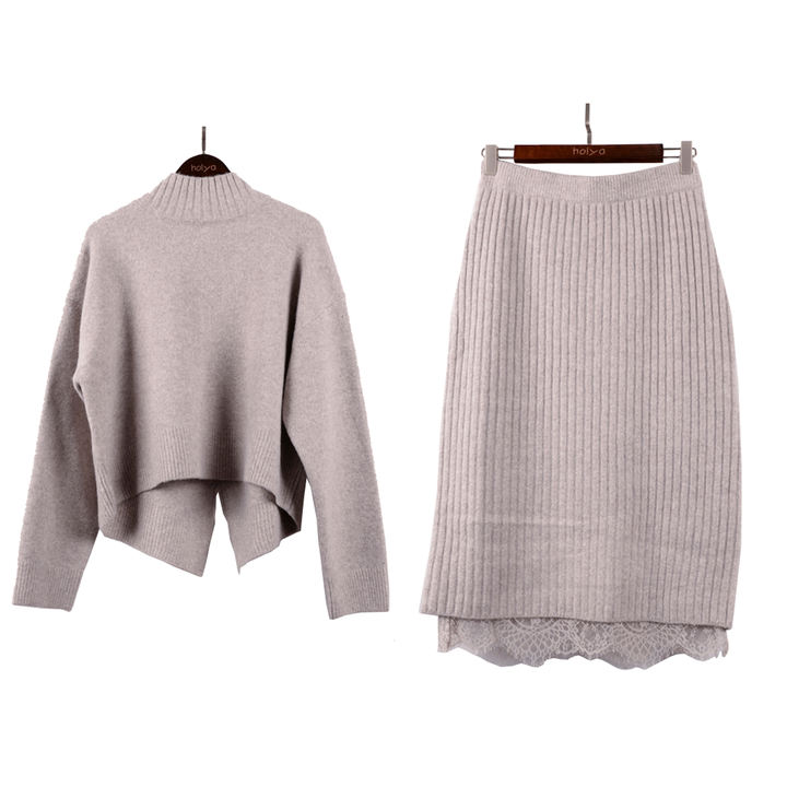 Custom Designer Casual Fashion Lady Winter Long Sleeve Loose Women Crop Top Knit Sweater Lady Skirt 2 Pieces Sets