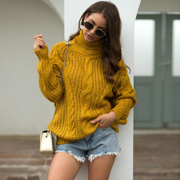 Custom Printed 100% Acrylic Pullover Autumn And Winter Knitted Turtleneck Ladies Women Sweater Industrial Supplier Supply