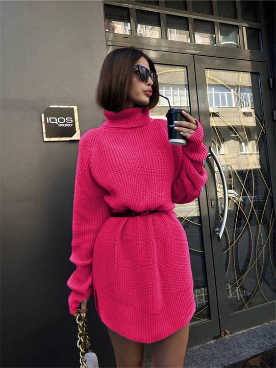 Fashion Style Chunky Turtleneck Sweater Womens Split Hip Midi Knit Streetwear Clothing Lady Top Mass Wholesale Innovation