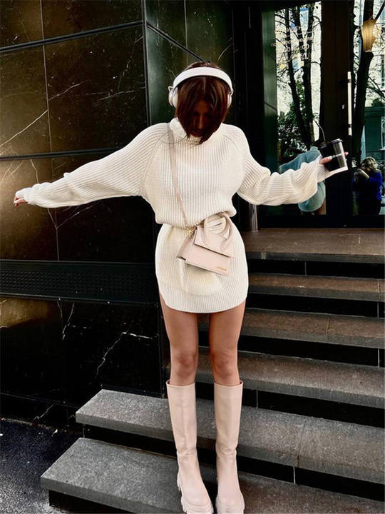 Fashion Style Chunky Turtleneck Sweater Womens Split Hip Midi Knit Streetwear Clothing Lady Top Mass Wholesale Innovation