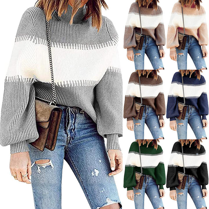 High Collar Soft Winter Pullover Women's Casual Pit Stripe Contrast Sweater Knitwear Clothing For Lady