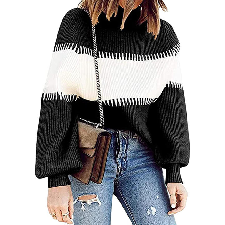 High Collar Soft Winter Pullover Women's Casual Pit Stripe Contrast Sweater Knitwear Clothing For Lady