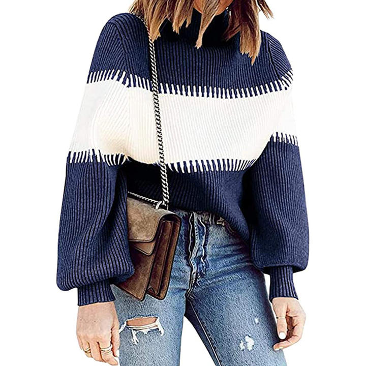 High Collar Soft Winter Pullover Women's Casual Pit Stripe Contrast Sweater Knitwear Clothing For Lady