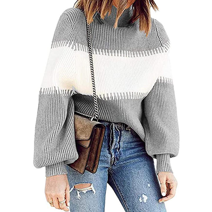 High Collar Soft Winter Pullover Women's Casual Pit Stripe Contrast Sweater Knitwear Clothing For Lady