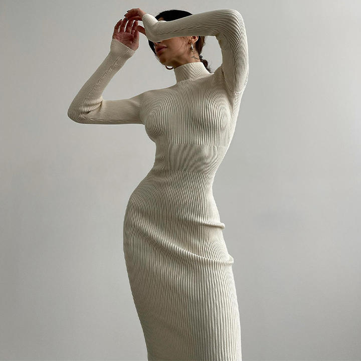 High Neck Midi Knitted Skirt Woman Solid Color Wool Tight Sexy Dress Sweater Clothing Ropa Vestidos Chinese Wholesale Supplier