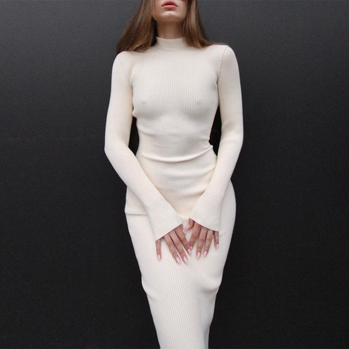 High Neck Midi Knitted Skirt Woman Solid Color Wool Tight Sexy Dress Sweater Clothing Ropa Vestidos Chinese Wholesale Supplier