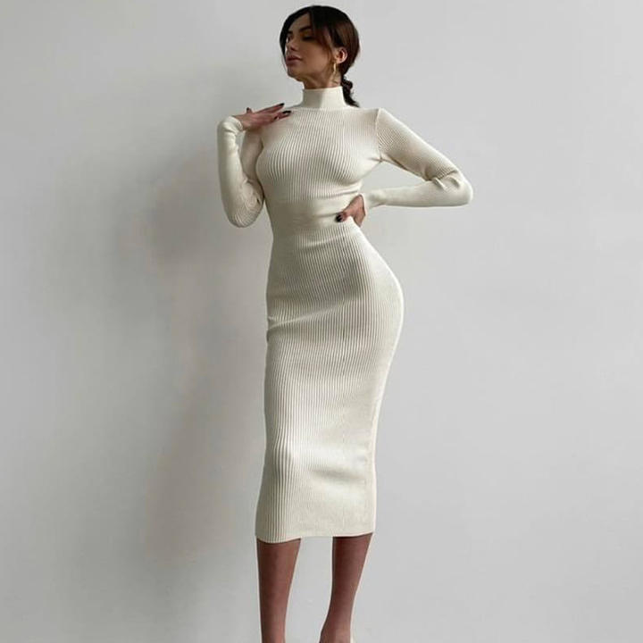 High Neck Midi Knitted Skirt Woman Solid Color Wool Tight Sexy Dress Sweater Clothing Ropa Vestidos Chinese Wholesale Supplier