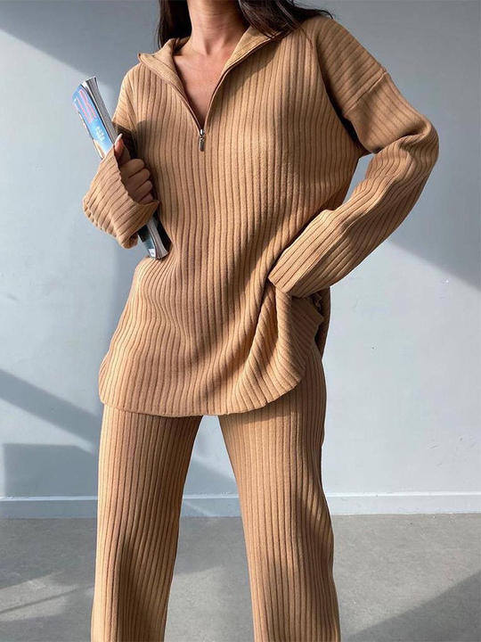 Ins Hot Sale Polo Collar Zipper Sweater Knit Womens Duo Set Thick Streetwear Pants 2 Pieces Clothing Sets Affordable Factory Pricing Partners