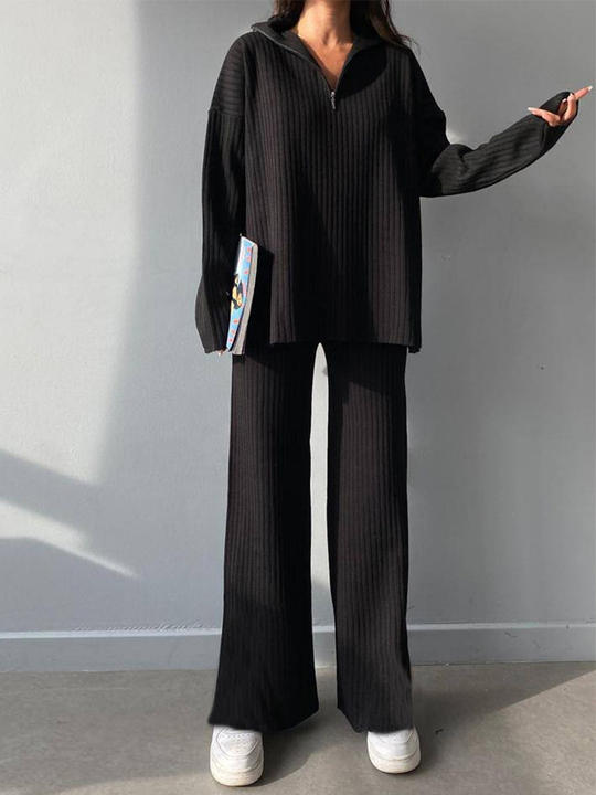 Ins Hot Sale Polo Collar Zipper Sweater Knit Womens Duo Set Thick Streetwear Pants 2 Pieces Clothing Sets Affordable Factory Pricing Partners