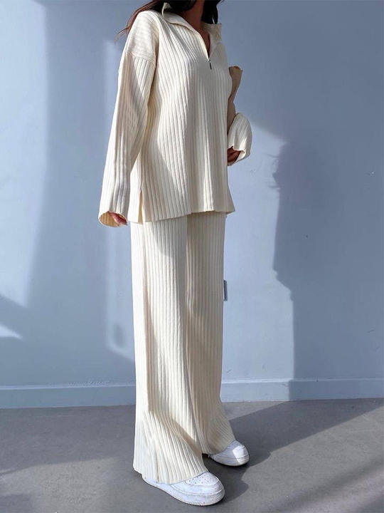 Ins Hot Sale Polo Collar Zipper Sweater Knit Womens Duo Set Thick Streetwear Pants 2 Pieces Clothing Sets Affordable Factory Pricing Partners