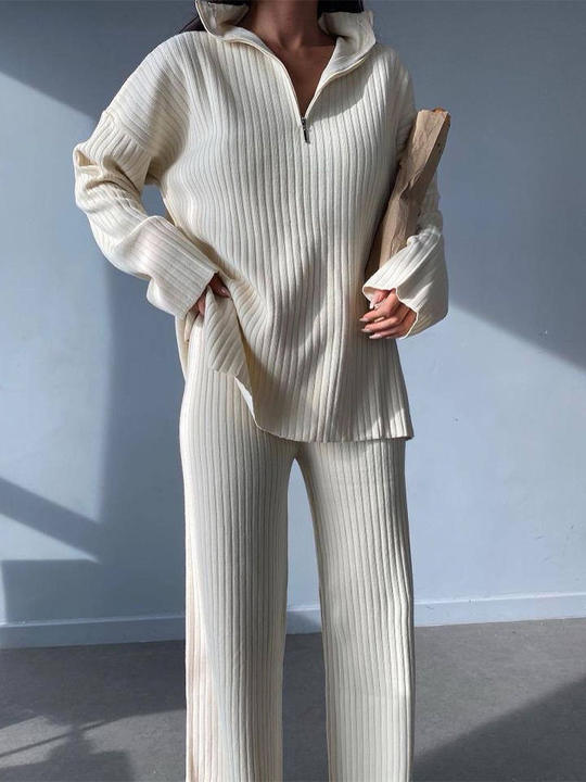 Ins Hot Sale Polo Collar Zipper Sweater Knit Womens Duo Set Thick Streetwear Pants 2 Pieces Clothing Sets Affordable Factory Pricing Partners