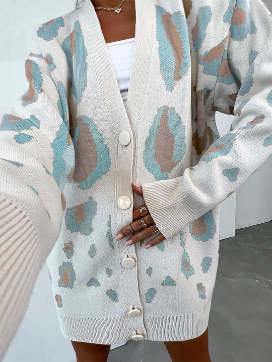 Modern Design Leopard Print Sweater Cardigan Woman Contrast Single-Breasted Long-Sleeved Knit Wear Bulk Orders