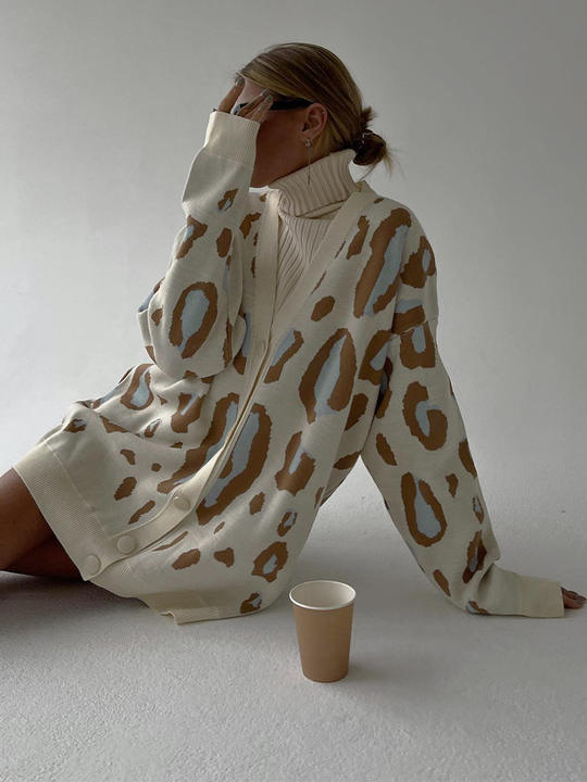 Modern Design Leopard Print Sweater Cardigan Woman Contrast Single-Breasted Long-Sleeved Knit Wear Bulk Orders
