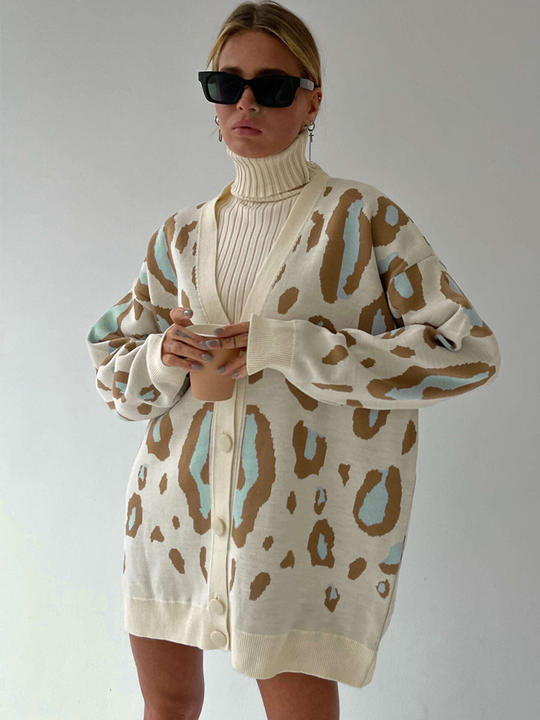 Modern Design Leopard Print Sweater Cardigan Woman Contrast Single-Breasted Long-Sleeved Knit Wear Bulk Orders