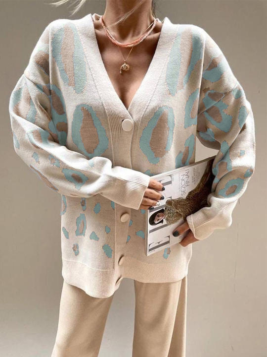 Modern Design Leopard Print Sweater Cardigan Woman Contrast Single-Breasted Long-Sleeved Knit Wear Bulk Orders