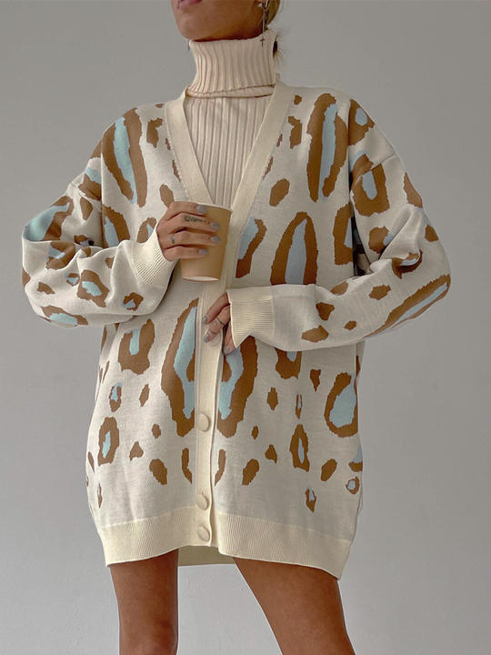 Modern Design Leopard Print Sweater Cardigan Woman Contrast Single-Breasted Long-Sleeved Knit Wear Bulk Orders