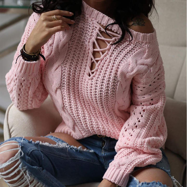 New Casual Spring Twist Hollow-Out Rope Sexy Off-The-Shoulder Lady Cable Knit Women Sweater Pullover Mass Wholesale Custom Solutions