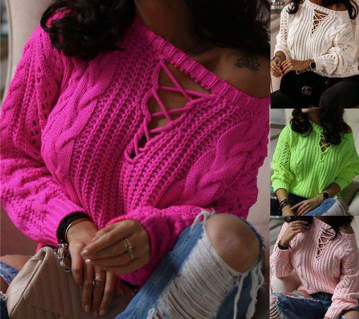 New Casual Spring Twist Hollow-Out Rope Sexy Off-The-Shoulder Lady Cable Knit Women Sweater Pullover Mass Wholesale Custom Solutions