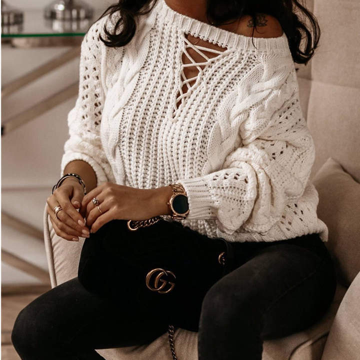 New Casual Spring Twist Hollow-Out Rope Sexy Off-The-Shoulder Lady Cable Knit Women Sweater Pullover Mass Wholesale Custom Solutions